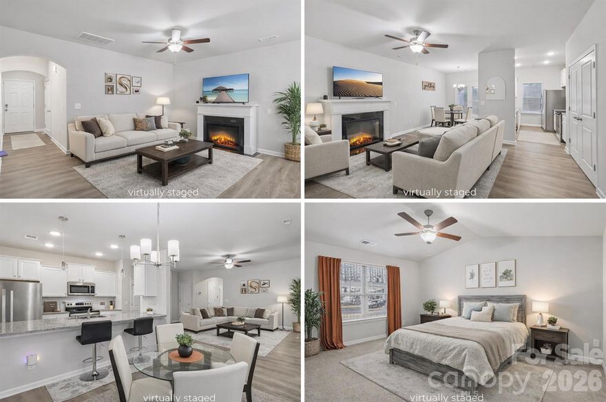 Welcome home to this move-in ready property featuring an open-concept floor plan and durable wood-look LVP flooring throughout the main level—perfect for everyday living and entertaining. The modern kitchen is a standout, offering granite countertops, stainless steel appliances, white cabinetry, a spacious pantry, and a breakfast bar ideal for casual dining.

The dining area comfortably accommodates a larger table and flows seamlessly into the light-filled great room, where an electric fireplace creates a warm and inviting focal point. Upstairs, the primary suite provides a private retreat with a large walk-in closet and a spa-inspired en-suite bathroom featuring dual vanities and an oversized walk-in shower.

Two additional bedrooms offer flexibility for guest rooms, a home office, or growing households, and share a well-appointed full hall bath. The upstairs laundry adds everyday convenience, along with ample storage including a linen closet and oversized storage closet.

Located in the Kingstree community, residents enjoy access to neighborhood amenities such as a community pool and playground. This home is ideal for first-time buyers, move-up buyers, or those seeking low-maintenance living in a convenient Charlotte location.

Buyer incentives available: $3,000 toward closing costs when using the preferred lender.
Virtual tour available.