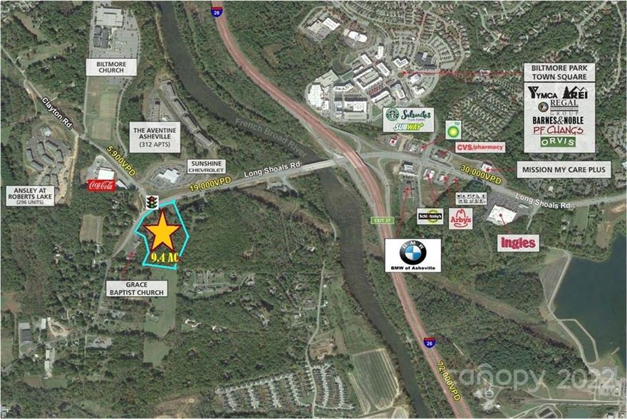9.4/ac tract zoned EMP & R-2 in Buncombe County at traffic signal with Clayton Road.  This property is directly across Long Shoals from Sunshine Chevrolet.  Great multi-family development site, senior care, industrial site or retail shopping center site.  Location is just off I-26, The French Broad River & Biltmore Park Town Square in South Asheville.