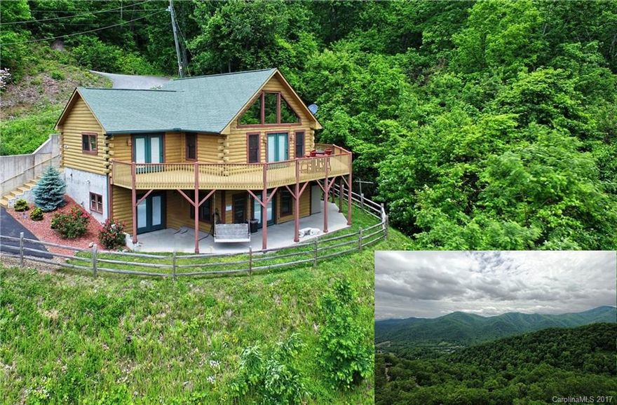 Spectacular Log Home with STUNNING MOUNTAIN VIEWS at 4000 feet elevation! Located just above Maggie Valley Country Club. Open floor plan with almost 3000 sq ft of living area. Vaulted great room, & lots of glass facing the views. Two master suites on main level, both access deck. Lower level offers bed/bath, office, & large family/game room complete with stone wet bar, pool table and open to full length patio. Paved access, good driveway. Selling mostly FURNISHED. Price Reduced!