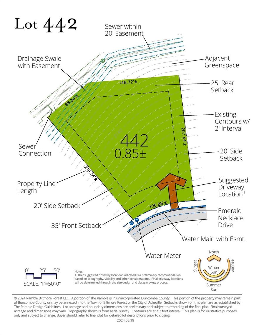 Surrounded by enchanting forests, the Emerald Necklace homesites are a tranquil and private respite within The Ramble.  With an ideal balance of nature, community, and location, these special properties offer quiet luxury near the heart of Asheville. This gently sloping estate-sized homesite has northwestern exposure from the rear of the future home and abundant green space to the rear.