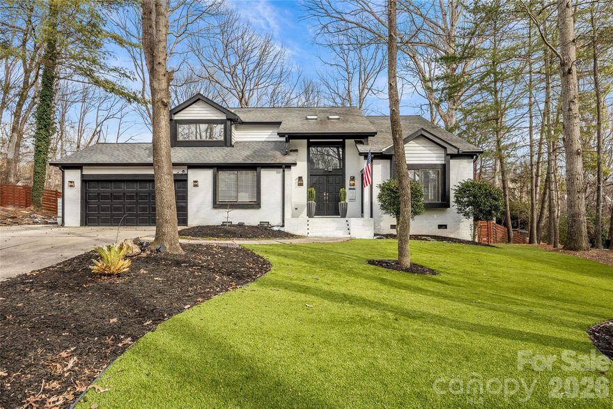 Stunning contemporary, mid-century modern home nestled on a quiet cul-de-sac in sought-after Matthews, NC. This beautifully maintained white brick residence offers 3,381 sq ft of thoughtfully designed living space on a generous .51-acre lot. Endless windows and tiered deck offering views of gorgeous private backyard filled with trees. The main level features formal living and dining rooms, a private office ideal for working from home, and an expansive kitchen designed for both function and entertaining. Highlights include a large center bar, walk-in pantry, and built-in desk space—all seamlessly flowing into the heart of the home with breakfast nook and cozy family room. Upstairs, you’ll find four spacious bedrooms, including an oversized primary suite with vaulted ceiling, a luxurious spa-inspired bath, and a custom walk-in closet. Each bedroom offers ample space and comfort. The garage has been converted into a climate-controlled exercise room with heating and cooling, providing flexible space to suit your lifestyle. Exceptionally well cared for and in excellent condition, this home blends modern style with everyday comfort in a peaceful setting. Excellent location with exceptional public schools; plus easy access to private schools, uptown, southpark, waverly, arboretum, and all things Charlotte.