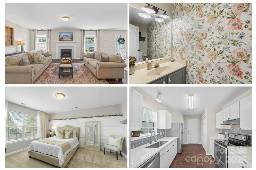 This beautifully updated 2-level contemporary home offers 3 bedrooms and 2.5 bathrooms and NO HOA! Freshly painted with popcorn ceiling scraped and removed, the home features durable laminate wood flooring in the main living areas, large windows for natural light, and a cozy gas fireplace. The updated and modern kitchen boasts white-finished cabinets, custom tile backsplash, ample counter space, Stainless steel appliances and a dedicated pantry. The primary suite includes a custom-designed accent wall, neutral carpet, walk in closet, and an ensuite bath with a sleek shower. The secondary bedrooms are generously sized and provide great flex spaces if needed. Exiting to the back yard you will love the private, flat and fenced backyard featuring a patio and pergola—perfect for entertaining or relaxing. Great location with easy access to I77 and just minutes from both downtown Rock Hill and Fort Mill.  Don’t miss this move-in-ready home!