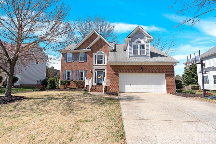 Bright, welcoming home on a quiet cul-de-sac street in popular Hunter Oaks.  Hardwoods on main floor, white kitchen with island and dark granite and sunny breakfast area, and flexible options for 4 bedrooms or use one as a bonus room with walk-in closet. Family room has a gas fireplace with classic black slate surround and a convenient back staircase.  Primary bedroom has vaulted ceiling with ceiling fan as well as separate tub and shower, new faucets in bathroom. Upstairs bathrooms both have granite vanities. Light and calming paint colors throughout.  Lawn is zoysia grass and will green up when temperatures are consistently warm. Recently updated over the past year with a new Trane HVAC unit on the second floor.  Fenced backyard is lined with beautiful crepe myrtles and features a lovely Japanese maple next to the garden shed.  Neighborhood has community pool, playground, and tennis courts all within the sought-after Marvin Ridge school district.
