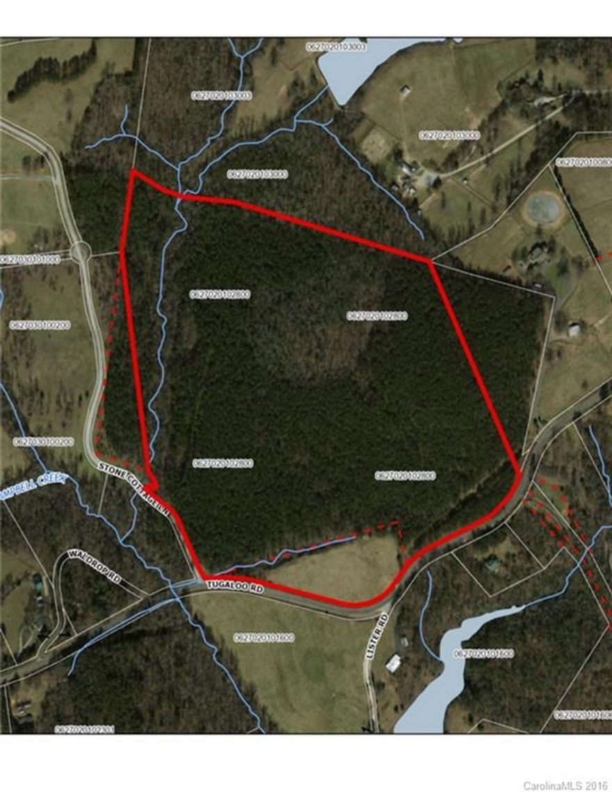 Lovely Tract of land. It adjoins "The Meadows of Campbell Creek" and along with road frontage on Tugaloo Road it also has frontage on Stone Cottage Lane to the bridge. Should have great Mtn. Views, approx.3.5 acres in pasture. There is significant value in the planted pines on the property. In an area with other horse farms and the GENTS trails and in Tryon Hounds Hunt Country.