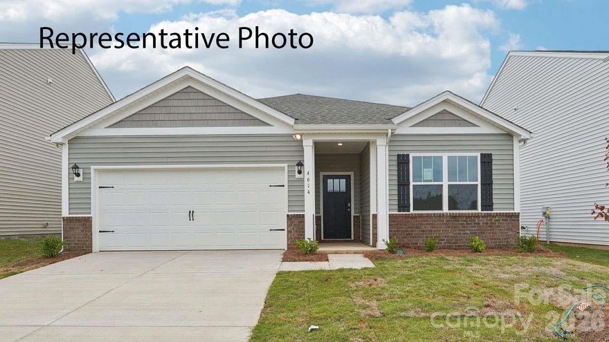 The Aria is one of our ranch plans featured at Clark Creek Landing in Lincolnton, NC. The Aria is a spacious and modern single-story home designed with open-concept living carefully considered throughout. This home features three bedrooms, two bathrooms, and a two-car garage. This open plan features a family room, dining room, and kitchen designed with the home cook in mind. The kitchen is equipped with a pantry, stainless steel appliances, and a large island with a breakfast bar, making it perfect for both dining and casual entertaining. The Aria also features a luxurious primary suite, complete with a large walk-in closet, primary bathroom with dual vanities and a spacious shower. The additional two bedrooms and secondary bathroom are located at the opposite end of the home, providing optimal privacy for both you and your guests. In the rear of the home is a covered porch that is perfect for outdoor entertaining. Amenities include a community pool, cabana, and playground!