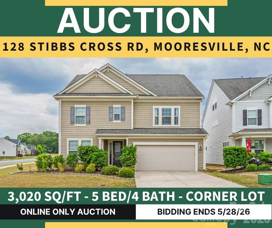 SELLING VIA ONLINE AUCTION, LIST PRICE IS CURRENT HIGH BID PLUS BUYER'S PREMIUM. Skip the wait for new construction with this move-in-ready, upgraded home on a premium corner lot in the desirable "Stafford at Langtree" community. The functional floor plan features a main-floor guest suite and a family room anchored by a cozy gas fireplace. The chef’s kitchen boasts stainless appliances, a five-burner gas range, and a Bosch dishwasher. Upstairs, the expansive owner’s suite offers dual walk-in closets, a rainfall shower, and a soaking tub, complemented by a versatile loft and spacious secondary bedrooms. High-end details include a Rinnai tankless water heater and a finished two-car garage with epoxy floors. Outdoor living is perfected with a fenced backyard and covered patio, all framed by scenic views and added privacy from a rear easement. This is a rare opportunity to own a high-spec, customizable home in a sought-after Lake Norman location. Don't miss the opportunity to BID YOUR PRICE on a move-in-ready home featuring top-tier upgrades and a premium lot location. Don't miss the opportunity to secure a customizable property in one of the region's most desirable communities. Register and place your bids today! Open house / Preview Day is 5/17/26 from 2-4PM. Auction ends 5/28/26 at 6PM.