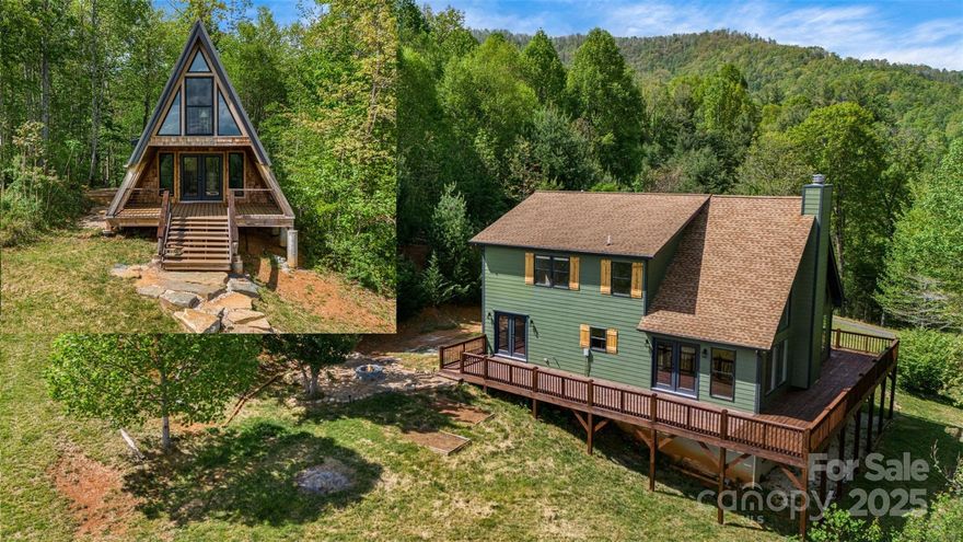 Tucked away just 45 min to Asheville and 10 min to Burnsville, this unrestricted mountain property offers a newly built luxury A-frame cabin, a fully renovated main home, and a separate deeded parcel—all on nearly 8 private acres. Updates include a new kitchen with stainless appliances and gas stove, new master bath, hardwood flooring throughout, new HVAC, and fiber internet. The main house includes 3 bedrooms and 3.5 baths, while the custom A-frame cabin offers 2 lofts and 1 bath—ideal for guest space, short-term rental, or multi-generational living. With year-round mountain views, a gravity-fed spring, and miles of hiking trails just beyond the property line, the setting is serene and inspiring.
Also included is a professionally designed permaculture food forest and an extra lot with potential to build. Whether you’re looking for income potential, a retreat, or a self-sustaining lifestyle, this property delivers.