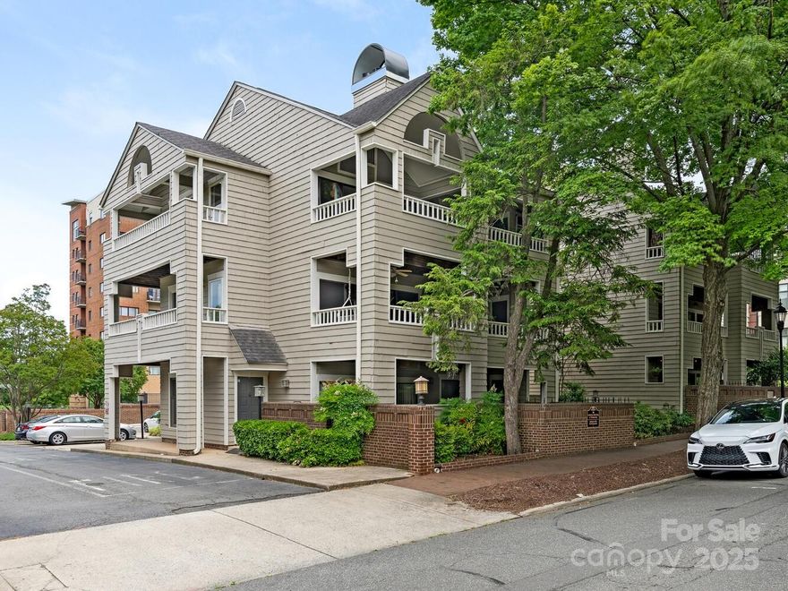 Must-see updated penthouse in historic Fourth Ward! This tranquil corner unit w/ 300 sq ft of covered outdoor space has panoramic sunset views overlooking mature trees. Gorgeous kitchen features marble waterfall countertop/backsplash w/ Sub-Zero under-cabinet fridge & freezer drawers, Wolf & Cove stainless steel appliances. Newer light LVP flooring. Bathroom updates include deep soaking Jacuzzi tub /shower. Primary bedroom has built-in corner vanity w/ LED lighting & upgraded closet system. Vaulted 12-foot living room ceiling creates a treehouse effect through sliding doors onto a private covered porch w/ storage closet. One of only two units in the complex with a private landing outside the front door; 3 sides of windows and only one small party wall make the space quiet & light-filled.  Seller is willing to sell most furnishings--ask for a price list. 18-unit Barringer Square is just a few blocks from Center City/ the light rail and next door to Spaghett—uptown’s hot new restaurant!