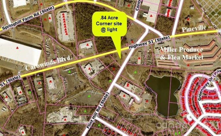 Hwy. 51 is a well established’ commercial corridor going from York County to Pineville.  Thousands of new and planned housing units are within .50 mile radius of this site.  Construction has already began on widening Hwy. 51 and realigning the intersection with Springhill Farm and Flint Hill Roads.  See planned intersection in photos.