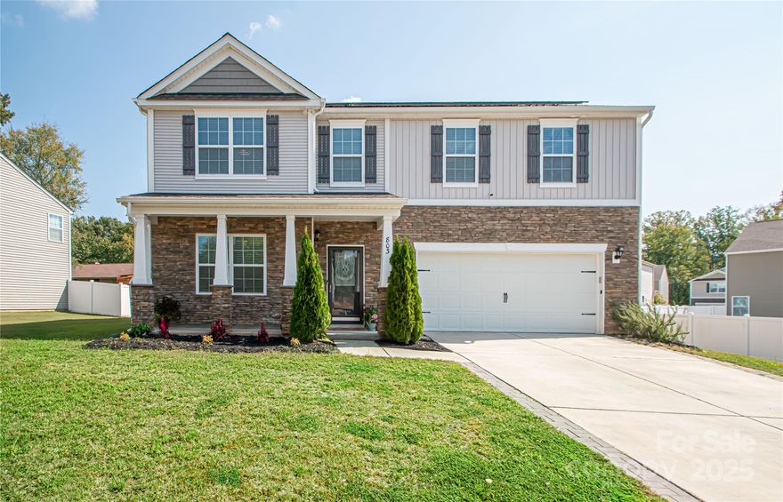 This stunning 4-bedroom, 3.5-bath home truly shows like new and has many upgrades. The open floor plan is filled with natural light and features a spacious dining room that flows seamlessly into the family room, kitchen, and breakfast area. The kitchen is a chef’s dream with stainless steel appliances, a 5-burner gas stove, granite countertops, white shaker cabinets, a center island, and a large walk-in pantry. A convenient office/flex room is located on the main level right by the front door.  Upstairs, the huge primary suite boasts vaulted ceilings, a ceiling fan, and a luxurious bath with dual sinks, a private toilet, a walk-in shower, and an oversized walk-in closet with built-ins. Three additional bedrooms, each with their own walk-in closets, provide plenty of space for family and guests, and one of the bedrooms has direct access to the hall bath. The upper level also offers a versatile loft area that can be used as a second family room, playroom, or media space, along with a laundry room for added convenience.  The backyard is large, flat, and fully fenced with a 6-foot white vinyl privacy fence perfect for entertaining year-round. LVP flooring was added to all of 2nd level.  House was recently painted in neutral and tile was added to primary bath and laundry room Sept 2025. House is wired for ATT wireless.  Additional features include $38K solar panels with transferable warranties that will be fully paid by seller at closing and a transferable ADT security system. Ideally located close to Hwy 485, shopping, and dining, this home is truly move-in ready and waiting for its next owner.