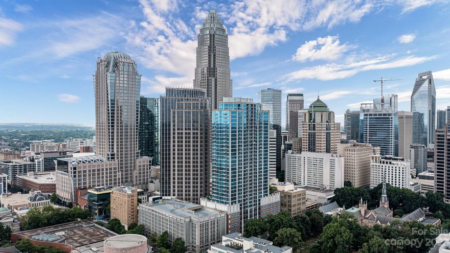 Incredible, Expansive, Skyline Views from floor to ceiling, 10' windows, this Uptown Condo offers a total Upscale Lifestyle! Gorgeous Sunrise, Long Range Views from High Floor w/Balcony! Open Plan! Largest 1 Bedroom in entire Complex w/rare closed in one Bedroom & full wall, door & walk in closet! Kitchen features granite counters, stainless steel appliances, built in desk/niche, tile backsplash, recessed lighting & tile flooring! Primary Bedroom w/ceiling fan/light! Primary Bath offers granite vanity, tiled tub/shower w/granite bath shelf & tile floors! Coveted, 40 sq ft STORAGE Unit included! Amazing Amenities (10th floor) include: Security, Pool, 24/7 concierge service, Lobby, Fitness Center (newly remodeled), Outdoor grills & TV's, Theater, Billiards/Poker & designated parking. New carpet/wallpaper in all hallways. Walking Distance to Bank of America Stadium, Truist Park, Spectrum Center, Blumenthal Performing Arts Center & tons of restaurants! Google Fiber & Water included in HOA.