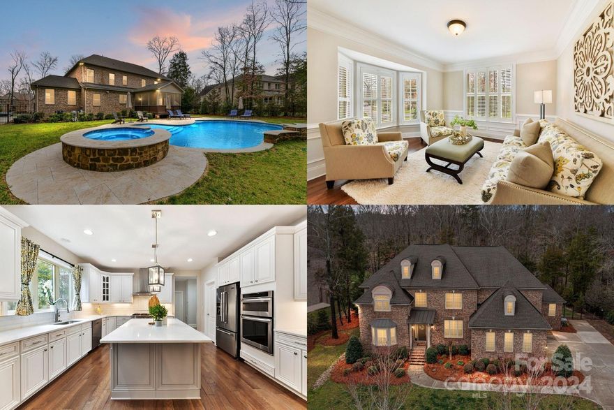 LUXURY ABOUNDS! BACKS TO NATURE PRESERVE! Cul-de-sac location in sought-after Marvin, this exquisite home offers an unparalleled retreat backdropped by a nature preserve. On over .5 acres of meticulously landscaped grounds, exuding sophistication & charm. Grand & elegant 2-story foyer, private office, 1st floor guest bedroom, formal dining room & family room w/gas fireplace & more. Beautiful gourmet kitchen w/upgraded cabinetry, spacious center island, gas cooktop, stylish backsplash, wall oven & SS appliances. Covered screened-in back porch offers views of nature preserve & exquisite pool and spa providing the perfect outdoor retreat! Upper level primary ensuite is a sanctuary w/dual closets, dramatic tray ceiling & spa-like bath. All secondary bedrooms are ensuites w/walk-in closets. Highly desirable Marvin Schools & conveniently located near walking trails, upscale shops & restaurants of Blakeney & Waverly. Experience the epitome of luxury living – schedule your private tour today!