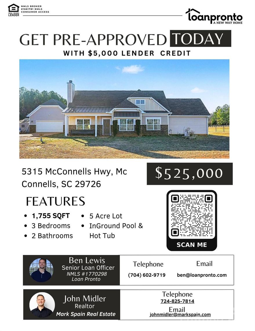 ***$5,000 Lender Credit available when you get approved with Loan Pronto*** Welcome to McConnells, just outside of York, Rock Hill, and all that Charlotte has to offer! This wonderful home sits on 5 acres and is fully fenced in, perfect for the little farm you always wanted! The property features a mostly level lot, a two car detached garage with breezeway, outbuildings, a pond view, a rear covered porch, a 3-6 foot deep heated inground swimming pool with surrounding cement patio, a built in hot tub next to the pool, a firepit, mature trees, and the most beautiful evening sunsets! Inside you will find a three bedroom home that functions as a four bedroom all on one level. The inside features tons of natural light, vaulted ceilings, a stone facing fireplace, engineered hardwood flooring, eat in kitchen with island seating, granite countertops, stainless steel appliances, easy walkout to the back covered porch, hallway laundry, three spacious bedrooms and closets, and a large bonus room/closet that functions as a fourth bedroom. This is country living at its finest!