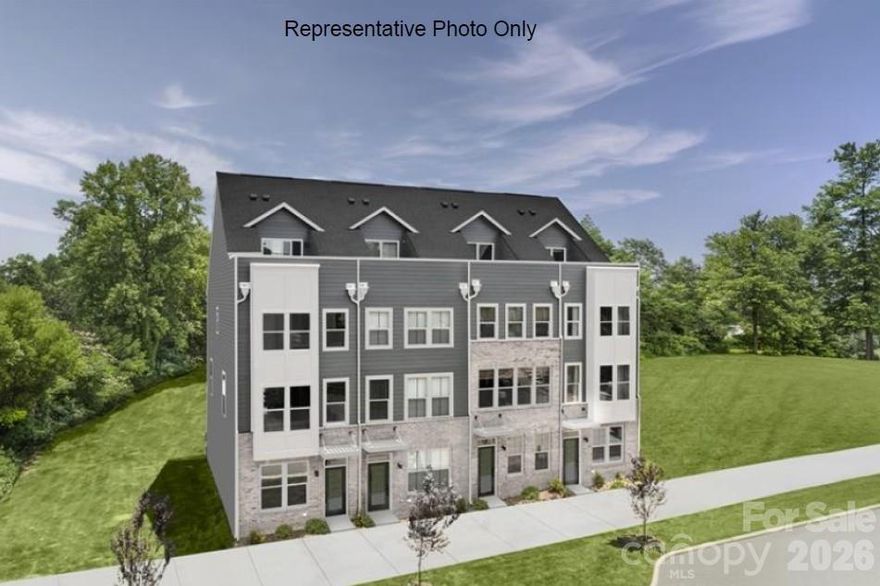 Welcome to Ashmore Square, a modern townhome community in Charlotte’s thriving Research Park District, ideally positioned near UNC Charlotte, the Vanguard Campus, and TIAA. Located less than 2 miles from I-85, this community offers quick access to Uptown Charlotte, University City, and major commuter routes. Everyday convenience and entertainment are just minutes away with Trader Joes, IKEA, Target, Topgolf, shopping centers, dining options, and nearby greenways all within close reach. Ashmore Square blends architectural style with low-maintenance living, featuring attractive brick and fiber cement exteriors, sidewalks, and a welcoming central courtyard designed for gathering or relaxing outdoors. HOA-managed lawn maintenance allows residents to enjoy community spaces without the burden of exterior upkeep. The neighborhood offers the ideal combination of connectivity, convenience, and modern appeal. This NE facing Rooftop Terrace Floorplan at Ashmore Square offers private views and fresh air! This Clarendon floorplan delivers a four-story layout designed to support a variety of lifestyles. The lower level includes a private bedroom next to a full bath, ideal for guests, a home office, or additional living space. The main level features an open-concept kitchen with a spacious island (with the option of soft close cabinets) and a breakfast bar that flows seamlessly into the dining area and great room, creating an inviting environment for entertaining or everyday living. Upstairs, the owner's suite includes a walk-in closet and ensuite bath with the option for a frameless shower door, complemented by an additional bedroom with an ensuite bath and conveniently located laundry. The top floor includes a guest bedroom with an ensuite bathroom and access to the rooftop terrace for great views. Blinds are even included! Experience modern townhome living in one of Charlotte's most connected locations!