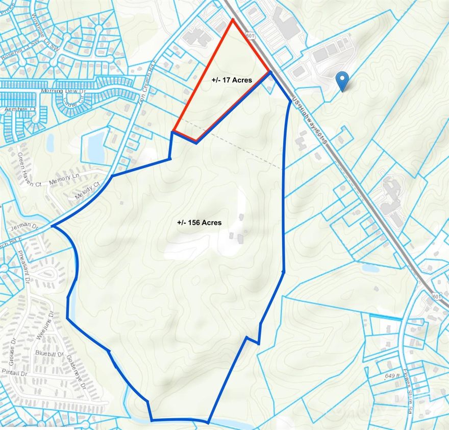 ±156-acre property is a premier residential development site just 4 miles from downtown Concord & less than 25 miles from Charlotte. Directly across from a Food Lion-anchored shopping center, the property offers excellent visibility & high traffic counts, as confirmed by NCDOT. Annexation into the City of Concord is required for access to water & sewer services. Adjacent site has been approved for mixed use (site plan upon request) Designated in the Future Land Use Plan for Mixed-Use Development, the site is ideal for commercial, single-family, & multifamily residential projects. Positioned along the two-lane Hwy 601 & just 1/4 mile from the four-lane Hwy 49, which connects Charlotte, Concord, and Raleigh, the property benefits from seamless access to major markets. Its proximity to key highways and established commercial centers enhances its potential for diverse and high-impact development. Developers, please see listing # 4159070 linked parcel. Adjacent 17 acres available for commercial development