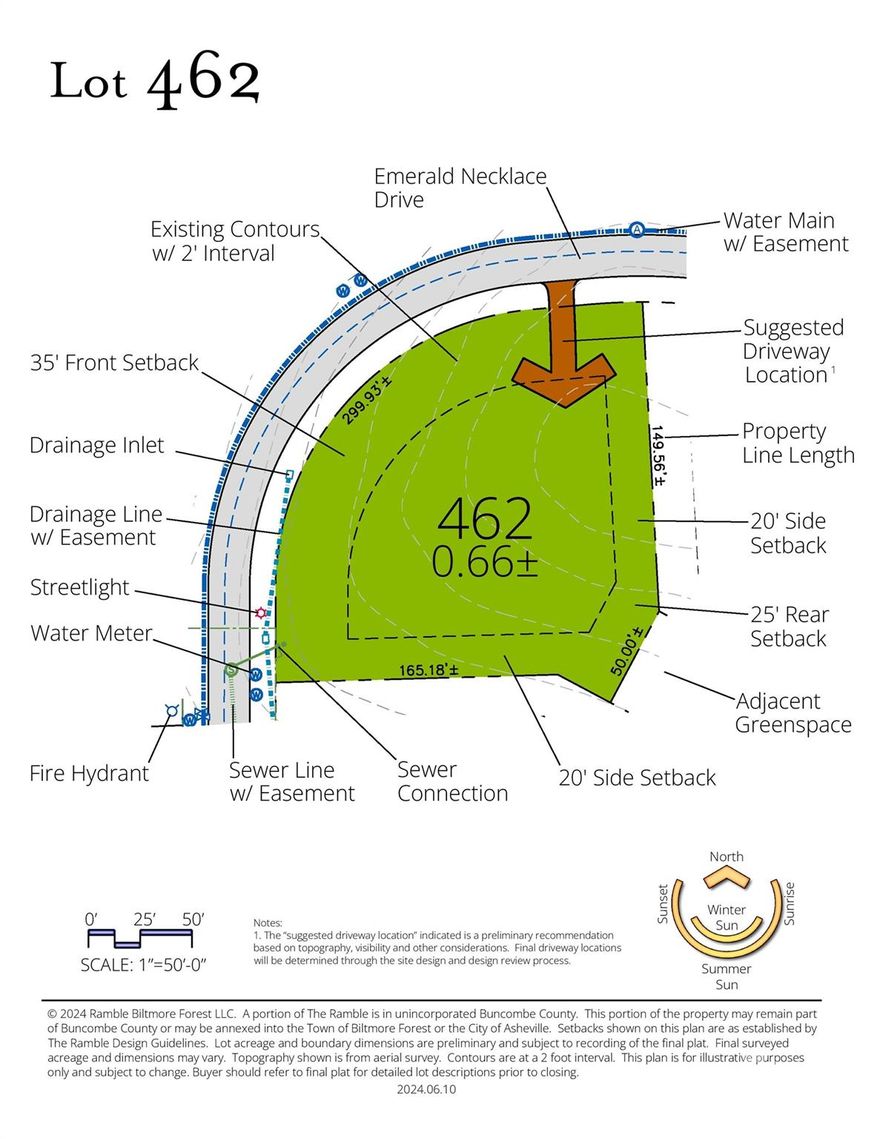 Surrounded by enchanting forests, the Emerald Necklace homesites are a tranquil and private respite within The Ramble.  With an ideal balance of nature, community, and location, these special properties offer quiet luxury near the heart of Asheville. This large estate-sized homesite has an easy, level building site with Northwestern exposure from the front of the future home and very wide street frontage.