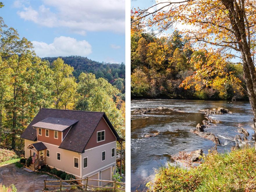 On a 1.91+/- acre riverfront lot, this residence was built in 2017 and boasts timeless farmhouse-style fixtures and rustic details. The main level features a convenient laundry room and a sumptuous primary bedroom suite. The kitchen is a chef's delight with two ovens, high-end appliances, and a wine fridge. French doors in both the primary suite and dining room lead to an expansive deck. Indulge in relaxation in the primary suite's Jacuzzi tub. This home is designed for entertainment, with an outdoor fireplace for cozy mountain evenings. Don't worry about carrying groceries in the rain with the convenience of a two-car garage. The lower level is a haven for family and work, featuring a spacious family room, bathroom, and office. Upstairs, you'll find a loft area, as well as two guest bedrooms. Cherokee Landing is Franklin's premier riverside community, offering wonderful amenities to its residents.