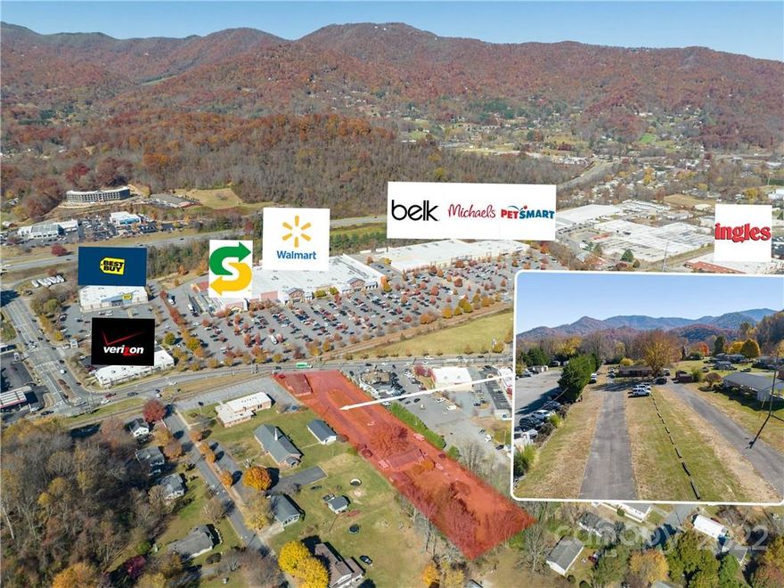 160+- road frontage w/2.12 acres Directly across from of Waynesville Commons Shopping Center (Walmart, Belk, Michaels, Pet Smart). Central retail district, car wash, fast food, dine in restaurants, brewery, and grocery store 1-2 blocks away. Very limited available properties on south main street area. City water and sewer, natural gas accessible.