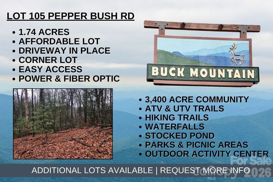 AFFORDABLE BUILDING LOT 1.74 acre corner lot with gravel driveway in place. Located in the 3,400 acre Buck Mountain community...ONLY GATED ATV COMMUNITY in Wilkes County. Easily accessible lot. Build your weekend getaway or vacation rental property here! Work from home! Fiber optic available. Potential mtn view w/tree trimming. Long & short-term rentals allowed. Escape the stress of daily life by surrounding yourself w/abundant wildlife & soothing sounds of nature. Just minutes from High Country activities. Buck Mtn is a prime location! Arrive at the gate from Winston in only 1 hour & from Charlotte in 1 hour 40 min. Close to BLUE RIDGE PKWY, ASU, shopping, dining, golf, mtn biking & skiing. Buck Mtn has hard to find amenities like ATV & Hiking Trails, Parks, Fishing Pond, Water Falls, Pavilions, Community Ctr, Helipad, Outdoor Activity Center with Amphitheater for live music and more! Make lasting memories while hiking or riding ATVs on the miles of trails.