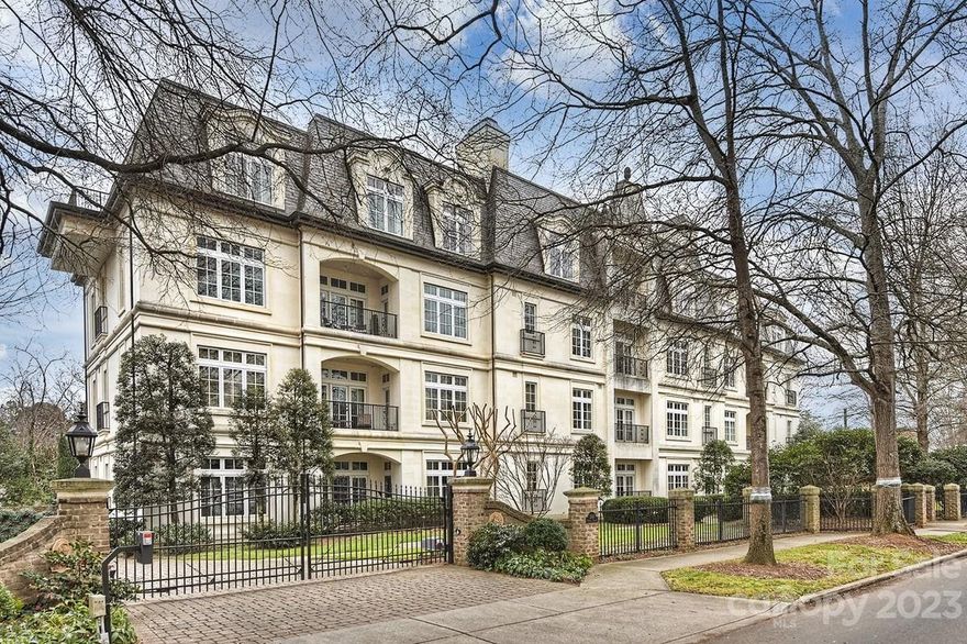 Beautifully appointed luxury condo with private terrace overlooking Myers Park Country Club. St. Serrant is one of Charlotte's most impressive gated buildings, perfectly located at the intersection of Queens Road East and Roswell Ave with 11 residences. Walk into your own exquisite retreat that lives like a much larger home. Enjoy the spacious, open floor plan that boasts generous bedrooms, handsome library, elegant formals & chefs kitchen open to casual dining as well as a family room. The owner's suite offers great privacy with professionally designed walk in closets, gracious bath and a wonderful dressing room. High ceilings, hardwood floors, oversized windows, custom cabinetry, high end appliances make this unit extraordinary. There is incredible storage throughout. 2 assigned parking spaces, a very large conditioned storage room in the secured parking garage. This stunning limestone French Provincial was built by Landmark Properties. Whole building generator.