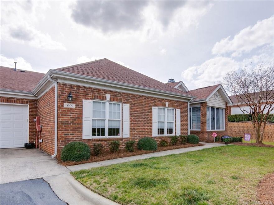 Lovely single story brick condo with 2 car garage in Ballantyne.  3 Bedrooms and 2 Bathrooms.  This home is open, bright and airy.  Upgraded lighting.  Large kitchen with Corian counters, Hardwood Floors, and computer niche with cable and internet connections.  Living Room w/vaulted ceiling, gas fireplace with Marble surround  Also has a glassed in Sunroom.  Very well kept.  Move in ready!