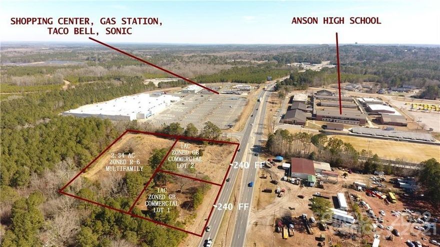 LOT 1 - 1 Acre lot with 240 front feet located directly on Hwy 74, across from Anson High School, and adjacent to Taco Bell and Sonic.  Two minutes to Atrium Health Center, under 10 minutes to South Piedmont Community College, and Less than 20 minutes to Monroe Express way!  Average Annual Daily Traffic approximately 30,000. City Water and Sewer available.  Owner financing available. 
Fully zoned General Business/Commercial. Additional 1 Acre lot adjacent available for additional 240 ft of road frontage, zoned GB /Commercial. Located Just in front of newly zoned R-6 lot with plans for active multi-family development.  Great opportunity in a growing area for Industrial, Office complex, Medical, Institutional, Restaurant, etc.