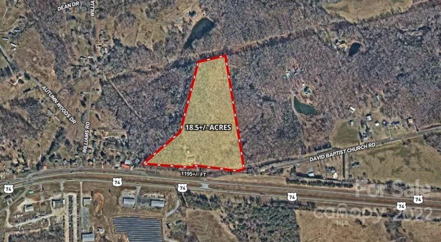This 18+/- acre tract offers high traffic counts, high visibility, and ease to access. 1195+/- ft of road frontage on NC HWY 74.  This property is located out of city limits and in the county (Cleveland).  It's current zoning is residential.  There are two parcels in this listing:  Parcel ID 59090 & 60681.