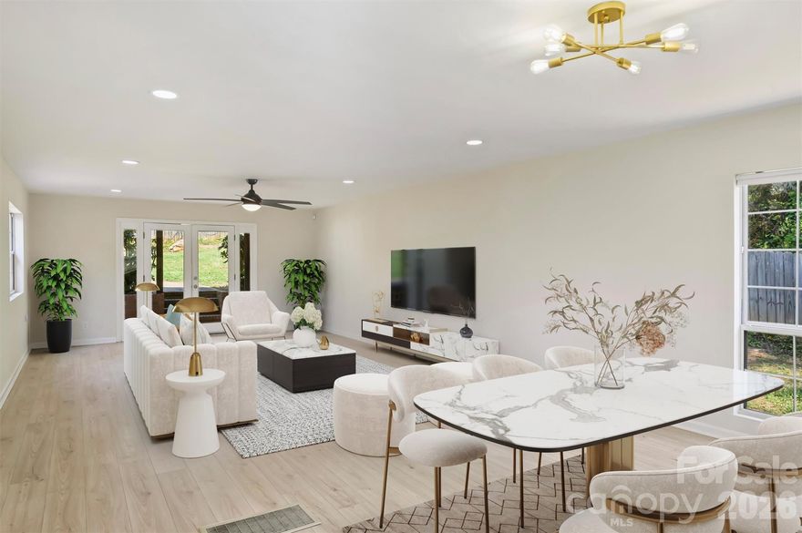 A UNIQUE OPPORTUNITY awaits just 10 minutes from Center City in Uptown Charlotte. This single-story ranch-style residence, complete with a basement, is situated on nearly half an acre of land. The open floor plan showcases numerous renovated finishes, transforming the property into a modern dwelling. Third room has en-suite bathroom.
There are a spacious front yard and expansive fenced-in backyard provide ample space for recreation, or pets, complemented by a patio area for relaxation. The single-car garage offers substantial storage capacity. The CROWNING FEATURE is a detached backyard structure providing versatile living space, with a kitchen, bathroom, living area ideal for guests, office, or studio use. There is NO HOMEOWNERS ASSOCIATION. Property is minutes from Camp North End, the Music Factory, and NODA, with easy access to highways 77 and 85.