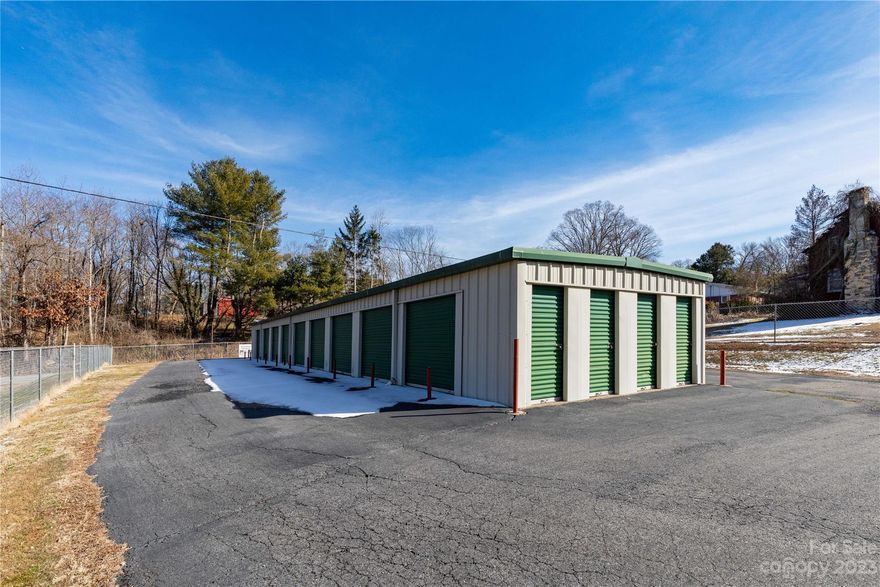 Excellent opportunity to purchase an income producing commerical property. A favorable combination of a convenient location in Asheville and a great investment for those seeking a consistent stream of income. The property consists of a 24 unit storage building , one freestanding storage unit, a separate owners office unit and a metal storage shed. The demand for self storage has steadily increased in the most recent years. The cleared and level portion of the property has great potential for developing with Woodfin water available per the Seller (Buyers to confirm) . Recent New Survey and New Septic Permit in place, ready for your construction plans.  This property has been very well maintained and has sustained a constant passive income. Sellers have a detailed appraisal report.