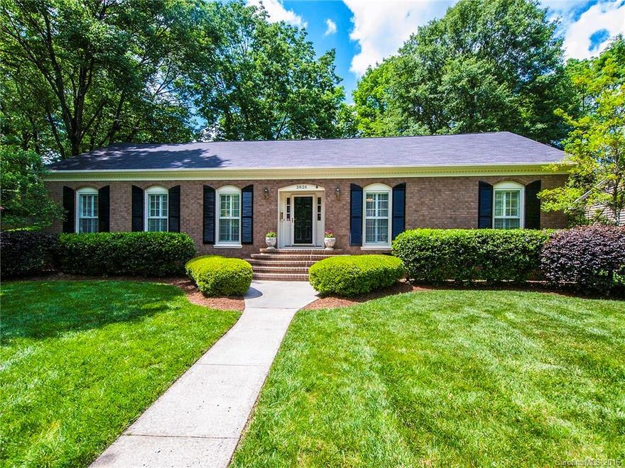 Beautiful brick ranch on spacious flat corner lot on sought after Severn Ave in Bev Woods neighbrhd in Southpark! Fantastic street. Selwyn Elem, A.G. & Myers Park High school zone. Gorgeous hrdwds, crown molding & plantation shuttrs! Granite countrs, ss appls & eat-in bar in beautiful Kit open to Den w/stunning painted brick FP w/hearth & wood mantle. Private master on back of home w/renovated master bath. Lrg back deck perfect for entertaining overlooks profess landscpd yrd. Double parking pad.