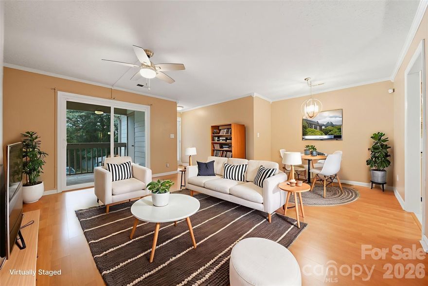 Come home to Cotswold in this charming upper-level unit at Churchill Downs! Located at the back of the complex and nestled amongs the trees, this private unit offers lots of updates and is move-in ready! With a neutral color palate and laminate flooring throughout, all you have to do is unpack. The kitchen updates include solid oak cabinetry, stainless Kenmore appliances, tiled backsplash and breakfast bar, and the washer/dryer remain. HVAC replaced in 2016, windows and sliders to the deck replaced in 2019. All new 2" blinds remain. Community perks include in-ground pool with clubhouse, tennis, & basketball courts. Dues are $237/month, include water, sewer, trash, and exterior building, lawn, and parking lot maintenance. Walk to your favorite Cotswold amenities--coffee, groceries, dining, shopping, and more with SouthPark and Uptown just a short drive away. One-year AHS home warranty included at closing.