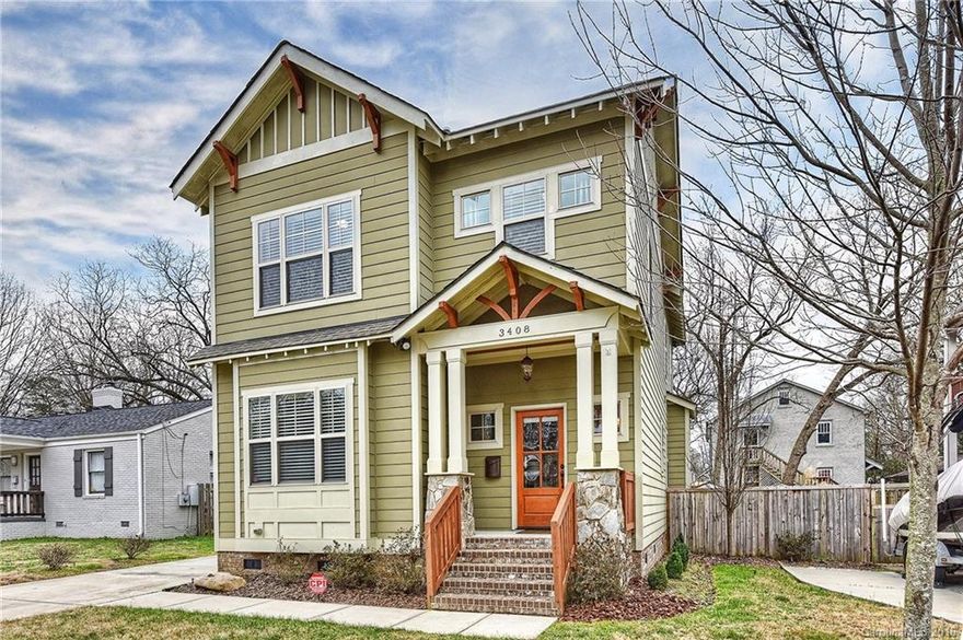 Craftsman style home on one of the most popular streets in NoDa. Hardwoods throughout main floor. Living Room/office with built-ins. Coffered ceiling in Great Room, Trey ceiling in master. Many architectural features. Fully fenced rear yard. Open floorplan.