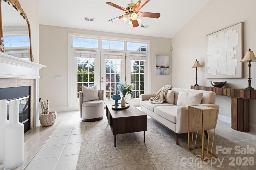 Welcome to The Villas at Ballantyne Trace, a beautifully maintained community offering elegant, low-maintenance living in one of South Charlotte’s most desirable locations. This classic brick-front villa sits on a quiet corner lot surrounded by mature trees, lush landscaping, and timeless curb appeal.

The home has been thoughtfully renovated, featuring fresh floor-to-ceiling interior paint, newly painted exterior and front door, and a gutter system replaced within the last two months. The roof is approximately two years old, providing added peace of mind. Enjoy truly low-maintenance living with HOA-managed landscaping and grass care, so there’s no exterior upkeep required.

Inside, a bright and welcoming foyer showcases wainscoting, crown molding, and a decorative leaded-glass entry door. The open-concept layout seamlessly connects the living, dining, and kitchen areas—perfect for both entertaining and everyday living. The spacious living room offers high ceilings, a cozy gas fireplace, built-in cabinetry, and French doors that flood the space with natural light and open to a private courtyard.

The formal dining area is enhanced with detailed millwork and an elegant chandelier, while the kitchen features rich wood cabinetry, granite-style countertops, tile backsplash, and a functional layout with a breakfast bar and eat-in nook overlooking the garden. The kitchen is equipped with a brand-new 4-burner, 5.1 cu. ft. stainless steel freestanding natural gas range, installed in November 2025 and never used.

The main-level primary suite offers a peaceful retreat with vaulted ceilings and garden views. The en-suite bath includes a jetted soaking tub, tiled walk-in shower with grab bars, and a spacious vanity. Upstairs, three additional bedrooms and a full bath provide flexibility for guests, family, or a home office. One bedroom is currently configured as a library with built-ins and skylights, while another features dual closets with pre-wiring for media or speaker use.

Step outside to a private brick-walled courtyard—an inviting outdoor sanctuary with manicured landscaping, flowering plants, and climbing vines. A flagstone-style patio offers space to relax or entertain, complemented by a retractable electric awning for added comfort and shade.

Additional features include a two-car garage with built-in storage, tiled main-level flooring, elegant trim details, and abundant natural light throughout. Residents enjoy convenient access to shopping, dining, medical facilities, and major commuter routes, along with highly regarded local schools.

The HOA is financially strong, with over $200,000 in reserves, and covers exterior maintenance, contributing to a true lock-and-leave lifestyle. Notably, the owner pays the same HOA dues as other units despite this being one of the larger homes in the community. HOA documents are available upon request.

No rentals permitted—a proactive measure designed to protect the community’s condition and help control maintenance costs by minimizing excessive wear and tear on shared spaces.

Refrigerator, washer, dryer, and the brand-new gas range all convey with the property.