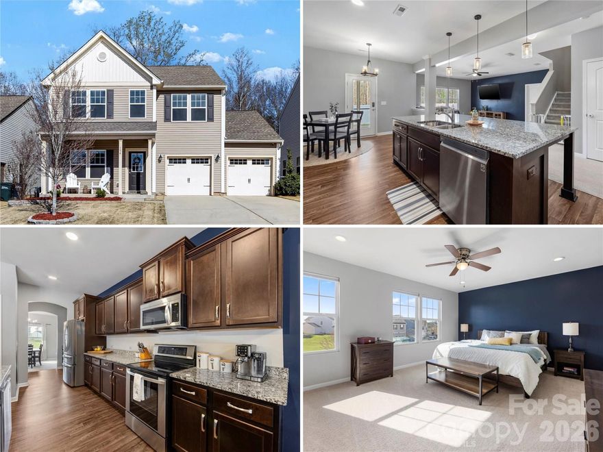 Welcome to this beautifully appointed 3-bedroom, 2.5-bathroom home offering almost 2,700 SQ FT of thoughtfully designed living space in the popular Sutters Mill community of Troutman! Nestled across from a community green space with a covered front porch to take it all in, this move-in ready home impresses from the moment you arrive. Inside, arched doorways & neutral tones with tasteful pops of color set a warm, inviting tone. The kitchen is a true centerpiece — featuring granite countertops, SS appliances, rich warm cabinetry, & an oversized island perfect for gathering & a charcuterie board. A formal dining room with butler's pantry, a spacious great room, & a flexible main-level bonus room for an office, gym, or additional place to sleep round out the main floor. Upstairs, a large loft, 2 secondary bedrooms, & a beautiful primary suite with sitting area, recessed lighting, walk-in closet, double vanity, & glass-door shower offer the perfect retreat after a long day. Step outside to your screened porch & patio overlooking serene wooded views, with a fully-fenced backyard & paver sitting area made for cool Carolina evenings by the fire pit. Community amenities include walking trails, a community garden, & RV/boat parking. Perfectly positioned between Statesville and Mooresville with easy access to I-77 (3 miles), Downtown Troutman (4.9 miles), Daveste Vineyards (6.8 miles), & Lake Norman State Park (8.7 miles). Come experience it for yourself!