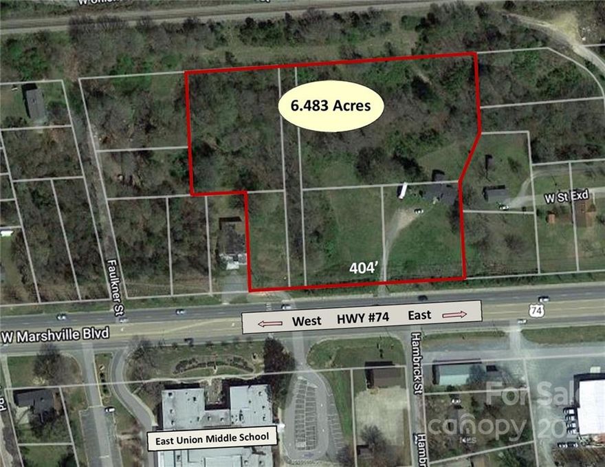 Prime Property for commercial/Retail development. Strategically located to take full advantage of the Eastern Terminus of the Monroe Hwy 74 By-pass that opened 11.27.2018. Rezoning is expected with Town of Marshville, as they anticipate growth in the area. Natural gas line being extended into Marshville in 2019.
Parcel numbers included in offering:
02321059; 02321060; 02321061; 02321062 & 02321063.