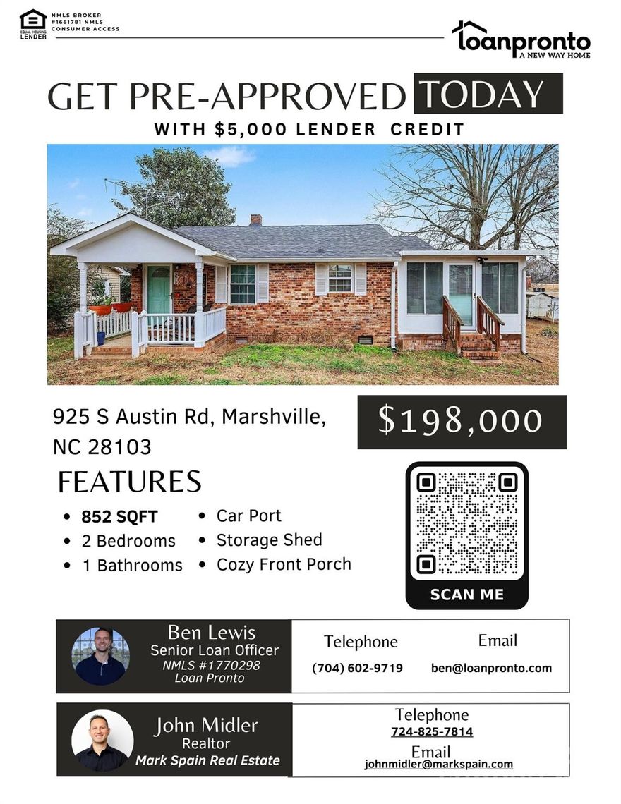 ***$5,000 Lender Credit when you get approved with Loan Pronto, inquire with Listing Agent*** Welcome to wonderful, cozy, comfortable living just minutes from downtown Marshville. This home is located just minutes from the 74 Bypass that can get you to Charlotte City limits, Wingate, and Monroe within a respectable time. This all brick ranch home sits in a quiet non HOA cul-de-sac. The property features a low maintenance yard, a carport, a storage shed, great curb appeal, and a cozy front porch. The home was remodeled in 2023 and features an open floor plan neutral paint, LVP flooring, an eat in kitchen peninsula with granite countertops, a pantry, hall laundry, two spacious bedrooms, one bath, and a three season room.