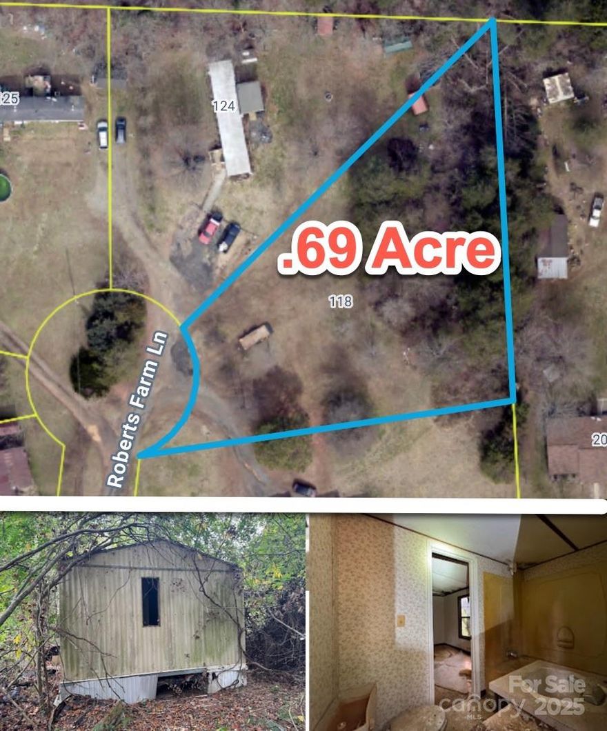 Located at 118 Roberts Farm Ln, this .69-acre cul-de-sac lot offers a quiet rural setting with low traffic and surrounding countryside while remaining within convenient proximity to Statesville. The property is zoned RA and allows singlewide or doublewide manufactured homes (buyer to verify). An existing 3BR/2BA manufactured home is on site and conveyed with the property; the home is in very poor condition and the property is heavily overgrown, with only a narrow path cleared to the front door for limited viewing. The property is served by a private 3-bedroom septic system. County water is available, and the county has quoted a new water tap fee of $2,080. Property is offered as-is, where-is, with no repairs or warranties expressed or implied. Seller will consider owner financing with 50% down.