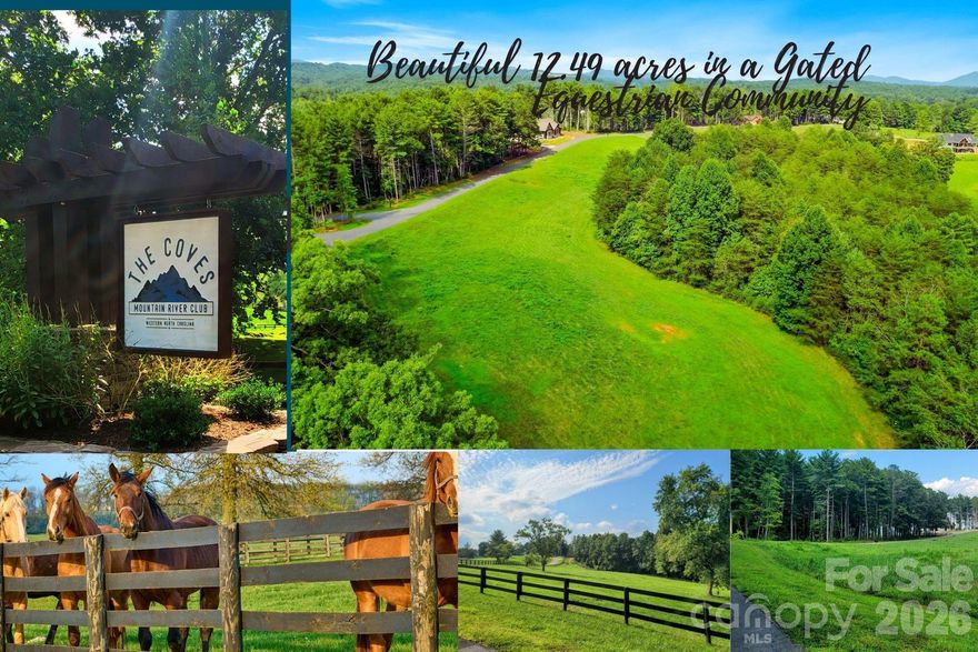 Selling below tax value! Premier 12.49-acre equestrian parcel in a beautiful gated community. Discover the pinnacle of equestrian luxury on this pristine 12.49-acre estate. Nestled within an elite, gated equestrian community, this rare parcel offers the perfect blend of security, sophistication, and natural beauty. The acreage features lush, rolling pastures and vibrant green typography. It is highly optimized for premium turnout and custom estate development. Mature perimeter trees provide natural privacy canopies and scenic windbreaks. Design your dream luxury residence, custom barn with a lush pasture! Enjoy direct access to the community's riding trails. Secure your piece of paradise in this highly sought-after enclave. The Coves Mountain River Club is a pristine community that offers a clubhouse, swimming pool, fishing, kayaking, hiking, and horseback riding trails, a community vineyard & garden, pickleball courts, Riverside Pavilion with outdoor kitchen and firepit, and much more!