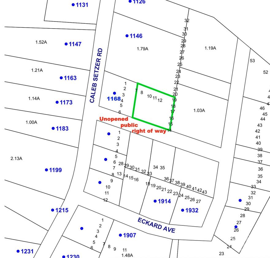 Tucked behind 1168 Caleb Setzer Rd, this 0.75± acre interior lot offers privacy and room to build. The parcel fronts an unopened platted public right-of-way—not a built road—keeping the homesite away from traffic while still providing platted access, per County. An existing detached garage on a concrete slab remains on site and previously had electrical service (now disconnected). Wooded, gently sloping topography offers several potential homesite locations. Buyer to verify access improvements, utilities, tap fee and suitability for intended use.