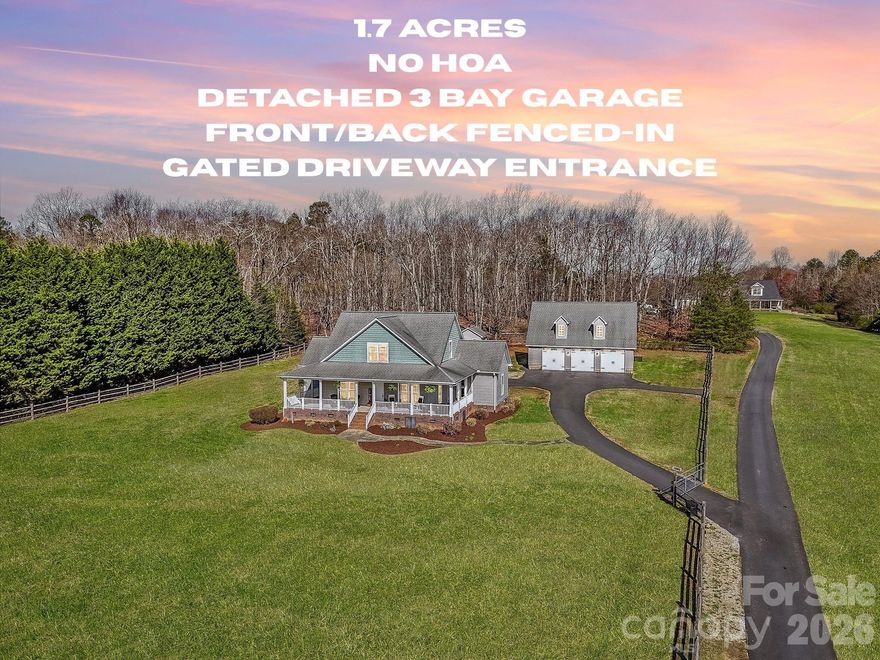 This is the one you've been waiting for ... A homesteader's dream! With over 1.7 acres of usable land and a coveted 1,200+ sq ft garage/shop (w/ additional unfinished attic space!)—perfect for hobbies, storage, or your next big project. Garage has power; doors are manual roll up. The current owners have thoughtfully fenced most of the property, creating a peaceful, private setting where little ones and furry friends can roam freely. An electronic Ghost Gate entrance adds an extra layer of security and a welcoming sense of arrival. The charming wraparound porch feels straight out of a movie! Inside, the home features two primary suites on the main level, making it perfect for multi-generational living or added flexibility. Upstairs you’ll find a third bedroom along with a bonus/flex room. All bedrooms + Bonus have walk-in closets! Storage is abundant throughout both levels of the home. HVACs 2018/2024, Water Heater 2025, Fencing 2020, Paved driveway 2024, Interior Paint 2026, Whole house water softener+carbon filtration, & more! With so many standout features and a fantastic location, this is a property you don’t want to miss. Mountain Creek Park is about 7 mins away, offering mountain biking, trail system, kayak launch and more! Ideal location for commuters and approx 35+ min drive to CLT airport! **Please submit offers by 5:00pm Sunday 4/19**