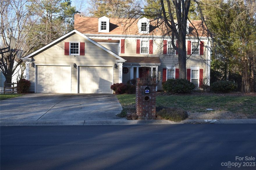 Location! Location! Established neighborhood convenient to shopping, restaurants, I-485 & I-85. Two-story home with stainless steel appliances and granite counter tops. Four bedrooms, two and a half baths, formals and den.  Parking and extra storage are both possible in the large 2-car garage.