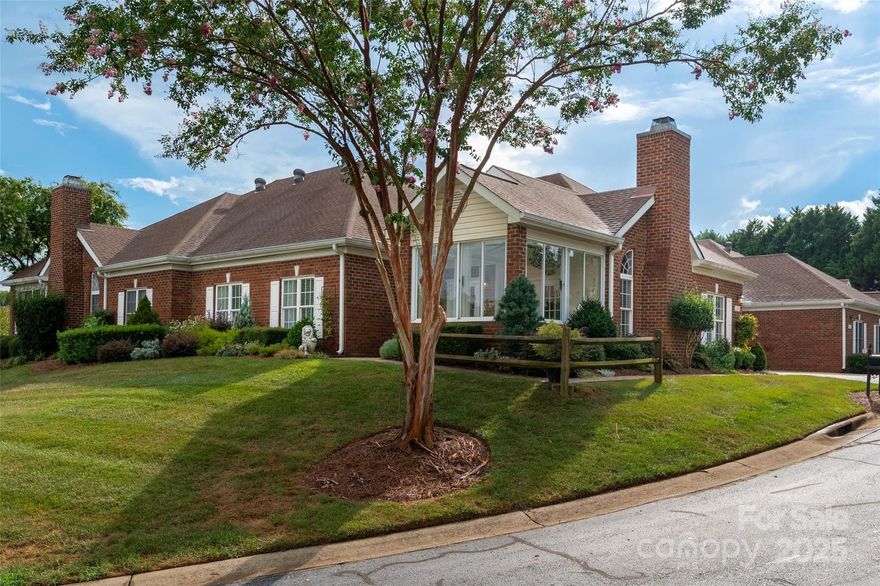 Wonderful patio home in sought after Windsor Oaks on prime large corner lot gleaming with natural light! 2 Bedrooms with french doors leading to beautiful sunroom. Beautiful hardwoods in great room with cathedral ceilings and fireplace. Huge kitchen with abundant cabinetry, newer stainless-steel appliances and room for a breakfast area. Large primary suite with tray ceilings, large walk-in closet and master bath. HOA covers lawn maintenance, water/sewer, and access to club house, fitness center and pool. Great location situated between Stonecrest and Blakeney, minutes to the new Ballanyne bowl and close to everything the Ballantyne area has to offer! Washer-Dryer Frig all remain. Beautiful curb appeal with one of the best views in community! Welcome home!