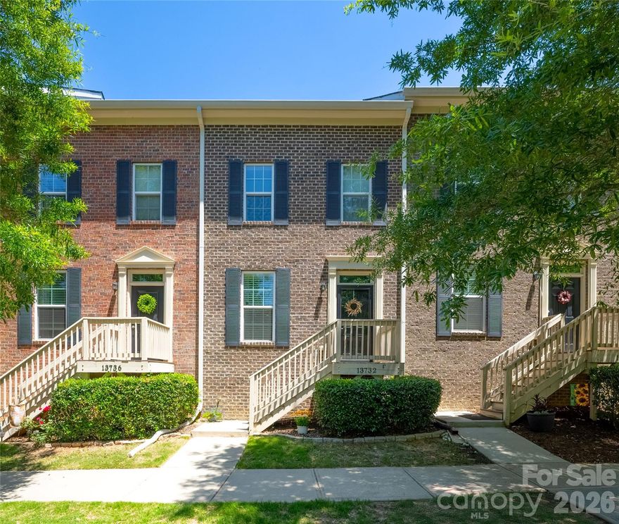 Enjoy low-maintenance living in one of Huntersville’s most desirable neighborhoods! This beautifully maintained brick-front townhome offers 2 bedrooms PLUS a versatile flex space across 1,676 square feet of thoughtfully designed living space. The main level features 9’ ceilings and an open floor plan that seamlessly connects the living, dining, and kitchen areas, creating an inviting space for both everyday living and entertaining. Warm wood flooring and upgraded lighting add character and enhance the home’s welcoming feel. The kitchen maximizes counter space and cabinet storage in a highly functional layout featuring warm wood cabinetry, granite countertops, tile backsplash, stainless steel appliances, and a breakfast bar. Soft-close cabinetry throughout the kitchen and bathrooms adds an elevated touch. Upstairs, both bedrooms are generously sized and feature private ensuite bathrooms. The primary suite includes a walk-in closet, double vanity, and a large tub. Laundry is conveniently located on the upper level, and the washer and dryer are included. The lower-level flex space offers endless possibilities—perfect for a home office, gym, media room, playroom, or creative studio. An oversized 1-car garage provides ample storage space, with additional parking in the driveway and on-street parking on Cinnabar Place. Seller is offering a 1-year home warranty for added peace of mind. Vermillion is a charming, well-maintained neighborhood with tree-lined streets, sidewalks, and an impressive array of amenities, including two pools, playgrounds, parks, walking trails, a community garden, and a neighborhood restaurant. Located just a 15-minute walk (or short drive) from downtown Huntersville, with convenient access to Charlotte and the Lake Norman area.