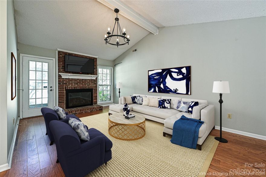 Tree-Lined, Turn-Key and Walkable! This single-level home in the highly desirable Oberbeck Village subdivision located in Quail Hollow between Ballantyne and Southpark, is a fantastic opportunity for convenient living. Water and lawncare (incl leaves) are included! Boasting an open and spacious floor plan, the great room is definitely the show-stopping focal point, w/plenty of space for relaxation and gatherings. It opens to a beautiful enclosed private patio with blooming shrubs and plenty of space for entertaining or morning coffee. The sun-filled dining area complements the great room, making it harmonious and inviting. The kitchen has seen recent improvements, including a new range and refreshed cabinetry. The primary BR w/en-suite bath is a spacious retreat, while the sprawling secondary BR is long w/an exceptionally lg closet, perfect for guests, a home office or both. 
New lighting, fresh paint, solid surface flooring t'out create a bright, easy-to-maintain place to call home!