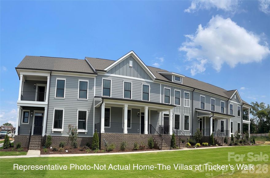 NEW CONSTRUCTION PRIMARY BEDROOM DOWNSTAIRS -  2-Story Townhome at The Villas at Tuckers Walk. Discover the Merlot Plan featuring 3 bedrooms, 2.5 baths, and exceptional open concept design with the luxury of covered full front porch. ---  Prime Cabarrus County location at the corner of Popular Tent Road and Harris Road in the highly sought-after Cox Mill High School district. ----- The Moscato offers the rare main bedroom down convenience in brand new construction of approximately 2062 sq. ft. of living space ----- MAIN LEVEL HIGHLIGHTS: Welcoming foyer sets the tone for this beautifully designed home. Gourmet kitchen showcases wall oven, cooktop, dishwasher, elegant granite countertops with designer tile backsplash, and breakfast bar island perfect for casual dining and entertaining. Durable designer vinyl plank flooring flows seamlessly throughout foyer, half bath, laundry, and kitchen areas. ----- PRIMARY SUITE RETREAT: Thoughtfully positioned on the main floor, the primary bedroom suite features convenient walk-through access to the laundry room and a luxurious tiled shower. Cultured marble vanity top with undermount sink adds a spa-like touch. ----- UPPER LEVEL LIVING: Two generous bedrooms and a spacious loft area provide versatile space ideal for second living area, home office, or entertainment room. Full bath with tub & shower and molded-in shelves/ledges serves the upper bedrooms.  ----- OUTDOOR SPACES: covered front porch extending the width of the home and partially covered side patio extend your living space and provide year-round outdoor enjoyment. Attached 2-car rear load garage offers convenient access and additional storage. ----- COMFORT AND EFFICIENCY: 9-foot ceilings on both floors create an open, airy atmosphere throughout. Lennox gas forced air heating and AC system with separate HVAC zones for each floor allows customized comfort control. 50-gallon energy efficient gas water heater. 2-10 Home Warranty included for peace of mind. ----- CURRENTLY UNDER CONSTRUCTION - ACT NOW TO SELECT YOUR OWN FINISHES AND MAKE THIS HOME UNIQUELY YOURS. Estimated completion August 2026. PHOTOS ARE REPRESENTATIVE - Home Under Construction. ----- Don’t miss this rare opportunity to own a primary bedroom downstairs townhome in one of Cabarrus County’s most desirable communities and school districts.