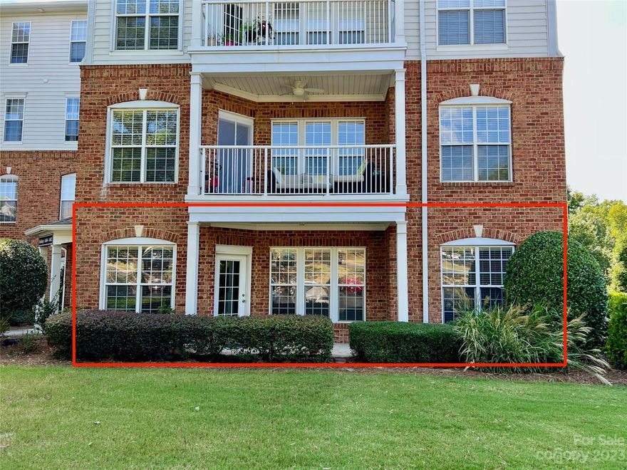 This gated community main floor end unit condo offers comfort, convenience & style. Open floor plan & wood floors in the living areas. Fresh paint, new ceiling fans, and newer appliances & HVAC system (2019). Well-designed kitchen built for entertaining. Family room offers versatility, easily accommodating multiple sofas & featuring a cozy fireplace. Bedrooms are strategically placed to maximize privacy. Primary bedroom has a dedicated hallway, separate from the two secondary rooms. It features an ensuite bath w/dual vanity sinks & walk-in closet. The two secondary bedrooms are located on the opposite side of the condo and offer a (privacy) door that can be shut for peace & quiet while still allowing access to a full bathroom. Perfect for families & roommates!  Main floor covered patio allows for indoor/outdoor entry w/out using main entrance or stairs for groceries, etc. Amenities galore - clubhouse, pool & recreation area. Walking distance to dining & shopping at Ballantyne Village.