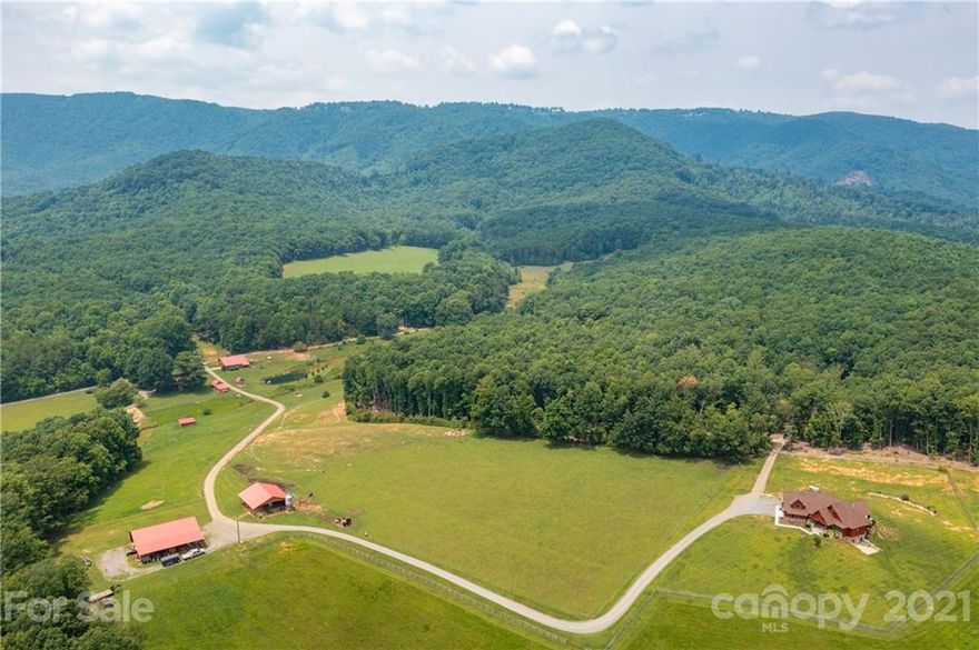 Escape to your very own private slice of paradise with Ridenour Ranch, a picture-perfect 98-acre working alpaca ranch and B&B, generating over $100,000/yr in income. Nestled within the foothills of NC in the heart of the Yadkin Valley wine region. A long driveway leads to the Main house sited on the highest elevation to take in mountain range views. Special features include a gourmet kitchen w quartz countertops and large island perfect for entertaining, coffered ceilings, a large deck w TV, hot tub, firepit. The master suite includes a sumptuous bath w clawfoot bathtub. Two offices and two additional bedrooms and 1.5 additional baths complete the main floor. The upper level includes one large bonus room utilized as extra sleeping quarters complete with a mini kitchen and half bath.  2268sf basement is ideal for storage. The log cabin c.1850  offers 1100 sft,  2 bedrms & 1.5 baths.  The Barndominium offers 600 sf, 1 bedrm, 1 bath.