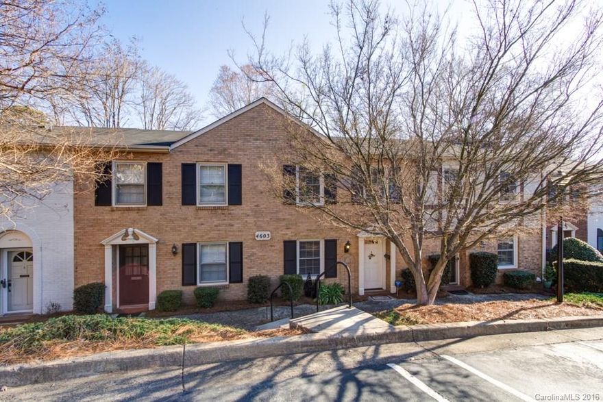 Remodeled townhome within easy walk to Montford Dr. and Park Rd. Shopping restaurants & shopping. You’ll love the renovated kitchen sparkling with granite countertops & stainless steel appliances. Natural light bounces off wood floors. Amazing tile work in bathrooms; master shower a must-see. New energy-efficient windows throughout, new carpet upstairs. Huuuuuge (16x16) flagstone patio with mature trees; Little Sugar Creek waterfall within earshot. Great storage, including ginormous MBR closet.