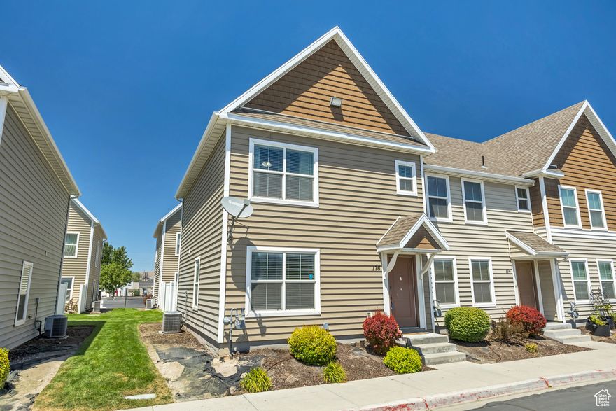 Discover your dream home in this charming row-end townhouse that perfectly blends convenience with modern comfort. The spacious open floor plan features high ceilings and matching countertops throughout. Including a welcoming half bath on the main level, ideal for entertaining guests. Step into the kitchen, a chef's paradise, complete with a gas stove, breathtaking granite countertops, and built-in seating with storage in the dining area for effortless functionality. Unwind in the generously sized master bedroom, which boasts a ceiling fan, an ensuite bathroom, and an impressive walk-in closet that provides ample storage. This fantastic home also offers two additional bedrooms, a full bathroom, and a thoughtful laundry area equipped with a stackable washer and dryer. With fresh paint throughout, this townhouse is not just a residence; it's a place where memories are made. Enjoy the serene outdoors on your private patio and small gated outdoor space, supplemented by a built-in shed for all your storage needs. Benefit from easy access to the freeway and TRAX, all within a secure gated community that includes a playground, enhancing your lifestyle. Don't miss this opportunity to make this wonderful townhouse your next home!  Square footage figures are provided as a courtesy estimate only. Buyer is advised to obtain an independent measurement.