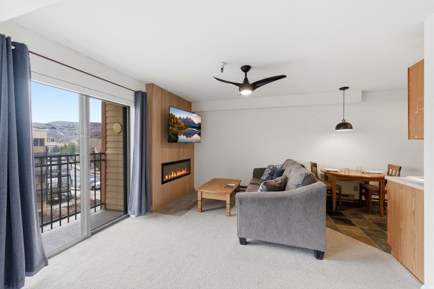 Top floor, updated, large studio with KING bed.  In convenient Prospector Square location, on the free bus route.  Updating includes amazing electric fireplace, all new lighting fixtures, new tiled shower/tub, 2 new ceiling fans, new carpet, new paint, new range and dishwasher. HVAC-mini split for heat and A/C. Carriage House condos have in-ground, heated ,outdoor swimming pool, spa/hot tub in lower level.  Limited number of garage parking spaces-fee required. Free surface parking. Common Laundry facilities. NO PETS. Easy access to Park City recreation, shopping, dining.